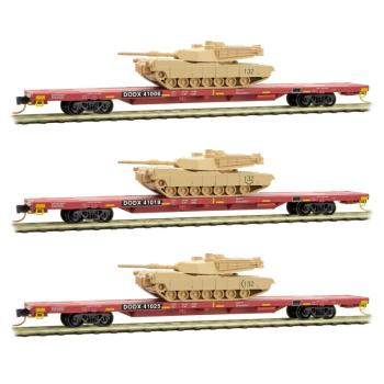 Flat Cars - rot, Department of Defense, 3-tlg., beladen mit M1A2 Abrams