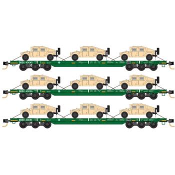 Flat Cars - Cascade-grün, Department of Defense, 3-tlg., beladen mit "New Humvees"