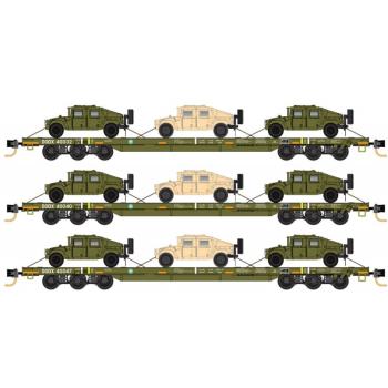 Flat Cars - Olive-Drab, Department of Defense, 3-tlg., beladen mit "New Humvees"
