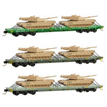 Flat Cars - div. grün, Department of Defense, 3-tlg., beladen mit M1A2 Abrams