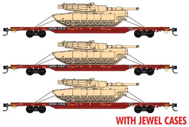 Dept. of Defense Red Flatcars with Abrams Tank Load