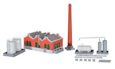 Shedhalle mit Schornstein und Tanklager