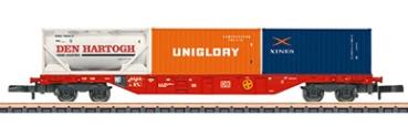 Containertragwagen Sgns 691, 1x Tank-Container "Den Hartogh", 2x 20ft. Container "UNIGLORY" + "XINES", Ep.VI